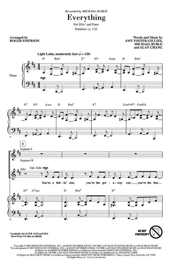 Buble Michael Everything (Arr Emerson Roger) Ssa Choral
