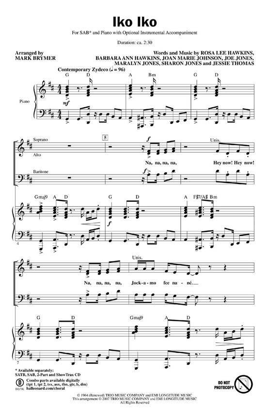 THE DIXIE CUPS IKO IKO (ARR BRYMER MARK) SAB CHORAL