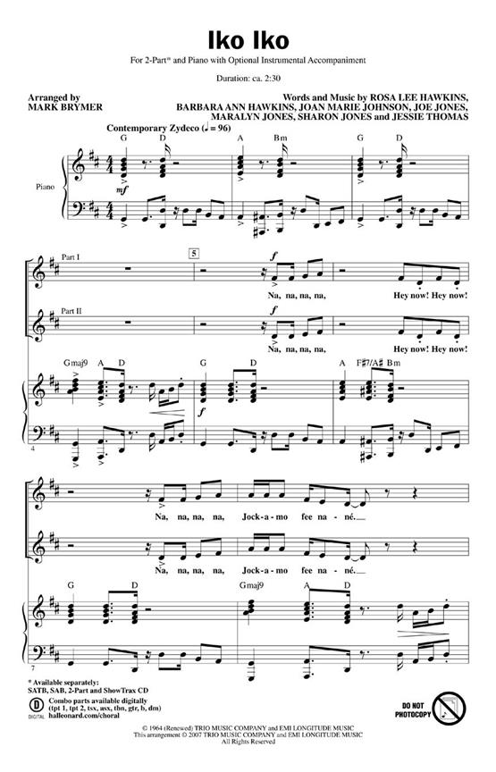 THE DIXIE CUPS IKO IKO (ARR MARK BRYMER) 2 PART CHORAL SHEET
