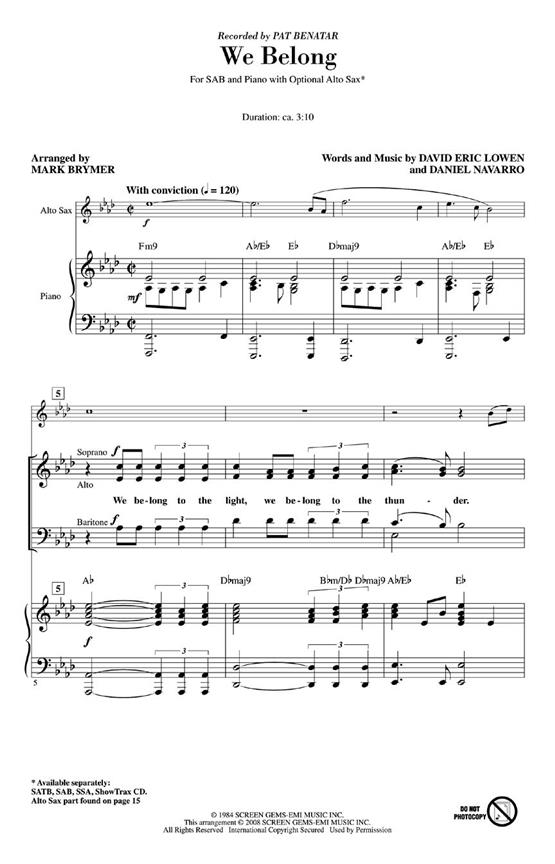 LOWEN DAVID/NAVARRO DANIEL WE BELONG (ARR BRYMER MARK) SAB CHORAL