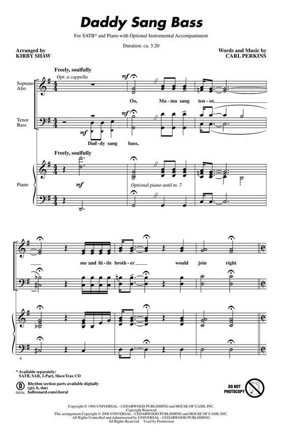 Perkins Carl Daddy Sang Bass (Arr Shaw Kirby) Showtrax Cd