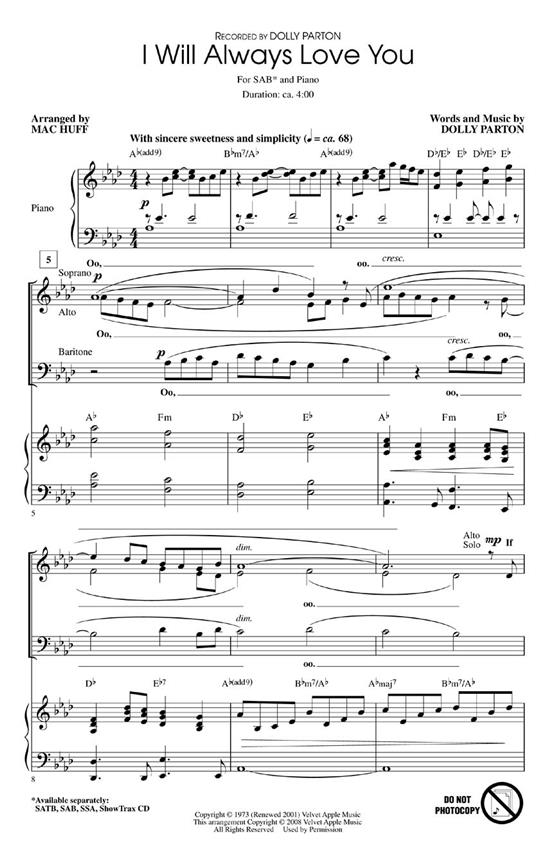 PARTON DOLLY I WILL ALWAYS LOVE YOU (ARR HUFF MAC) SAB CHORAL