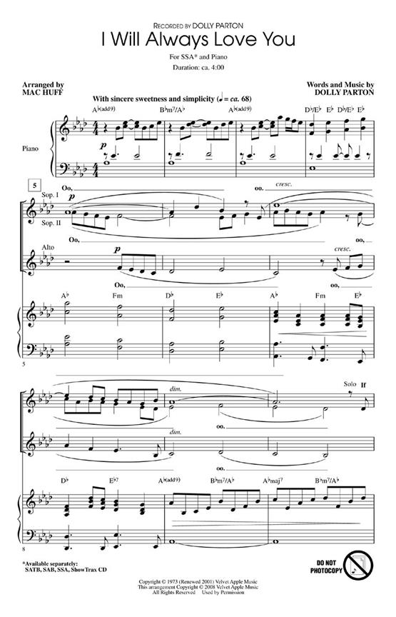 PARTON DOLLY I WILL ALWAYS LOVE YOU (ARR HUFF MAC) SSA CHORAL