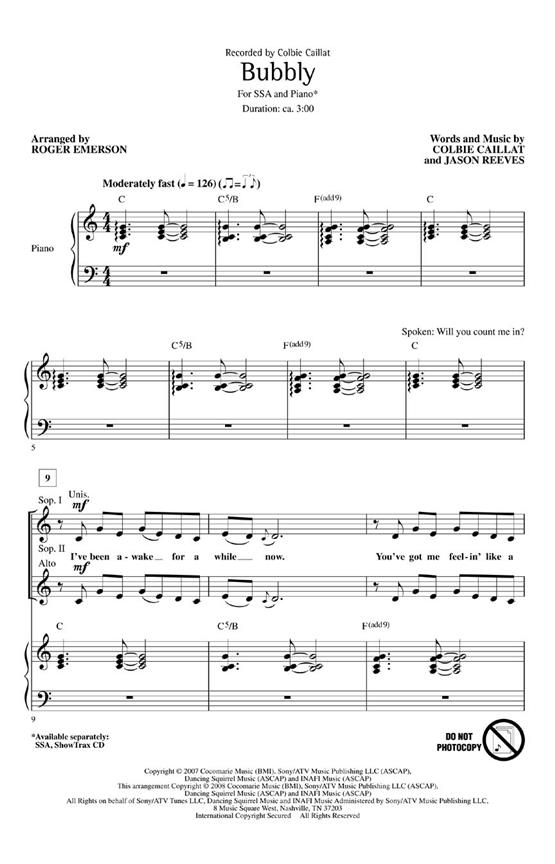 CAILLAT COLBIE BUBBLY (ARR EMERSON ROGER) SHOWTRAX CD