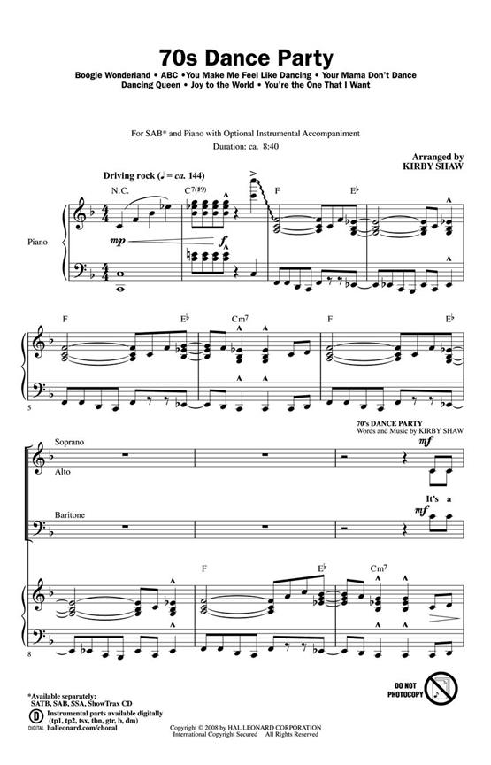 70s Dance Party Medley (Arr Shaw Kirby) Sab Choral