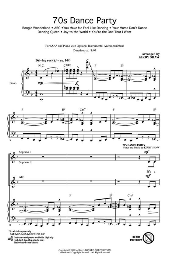 70s Dance Party Medley (Arr Shaw Kirby) Ssa Choral
