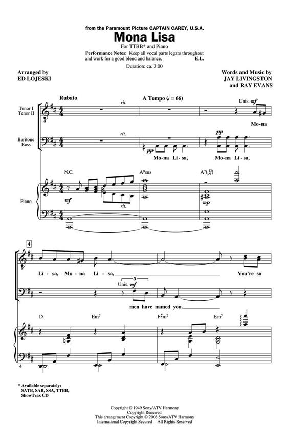LIVINGSTON J/EVANS R MONA LISA (LOJESKI ED) TTBB CHORAL SHEET MUSIC