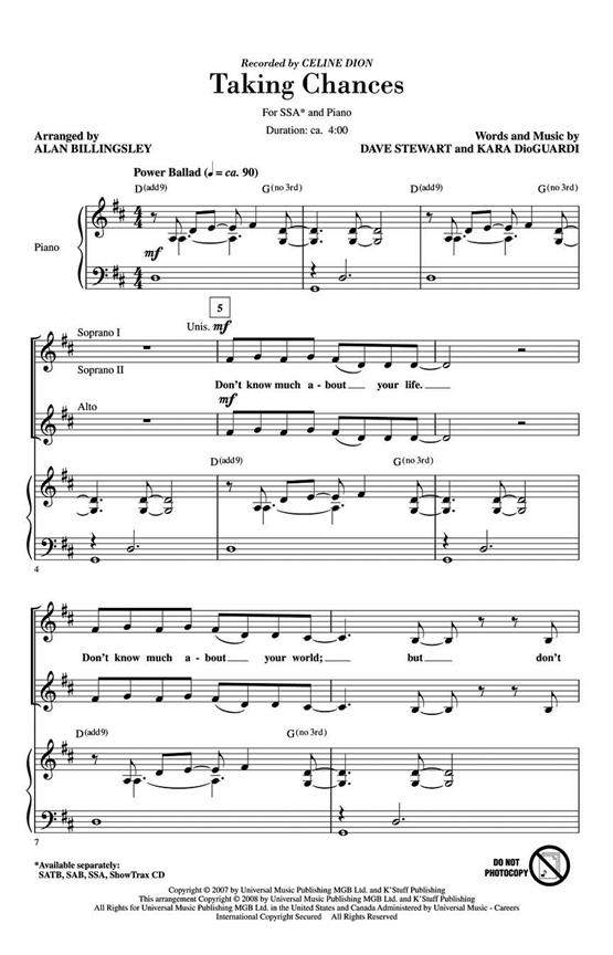 CELINE DION TAKING CHANCES (ARR ALAN BILLINGSLEY) SSA CHORAL