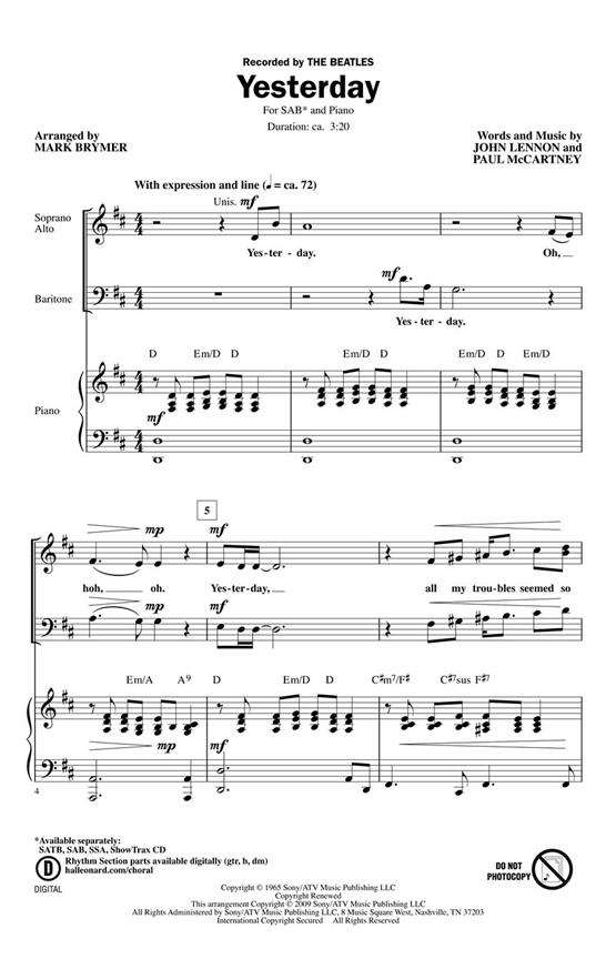 THE BEATLES YESTERDAY (BRYMER MARK) SAB CHORAL
