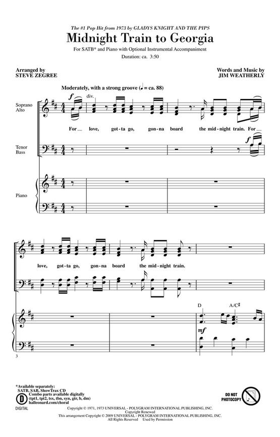 GLADYS KNIGHT & THE PIPS MIDNIGHT TRAIN TO GEORGIA (STEVE ZEGREE) SATB