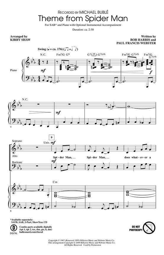 MICHAEL BUBLE THEME FROM SPIDER MAN (ARR KIRBY SHAW) SAB CHORAL SHEET
