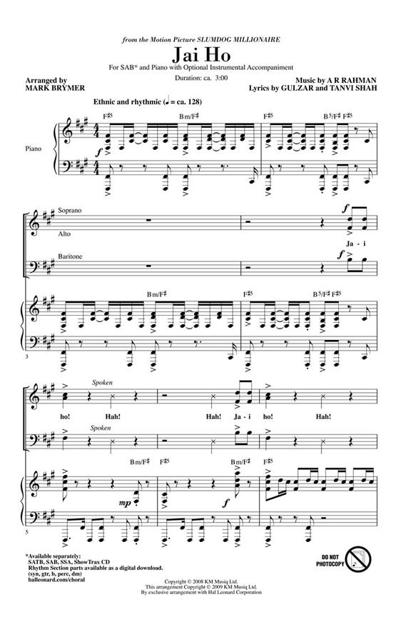 JAI HO FROM SLUMDOG MILLIONAIRE (BRYMER MARK) SAB CHORAL