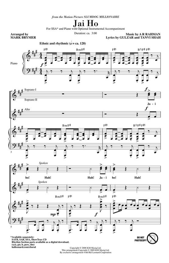 JAI HO FROM SLUMDOG MILLIONAIRE (ARR MARK BRYMER) SSA