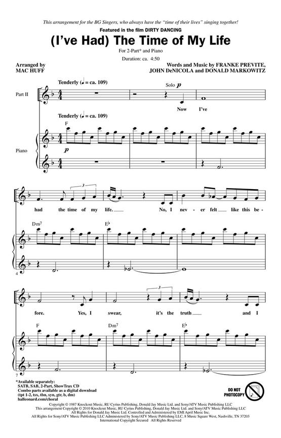 I'VE HAD THE TIME OF MY LIFE DIRTY DANCING (HUFF MAC) 2 PART CHORAL