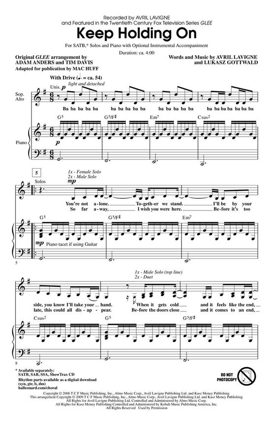 AVRIL LAVIGNE KEEP HOLDING ON GLEE (ARR MAC HUFF) SHOWTRAX CD