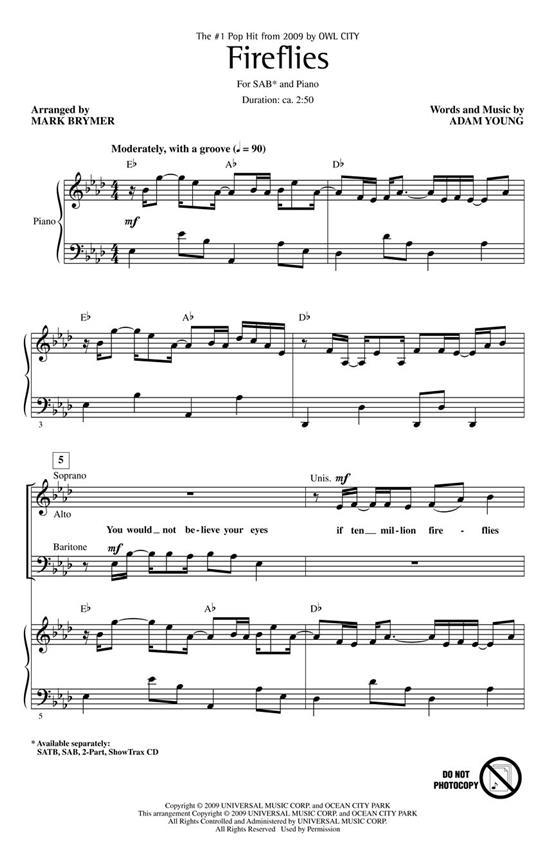 OWL CITY/YOUNG ADAM FIREFLIES (BRYMER MARK) SAB CHORAL
