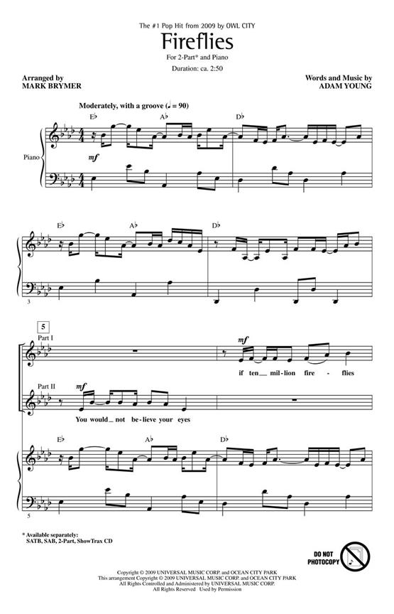 ADAM YOUNG OWL CITY FIREFLIES (ARR MARK BRYMER) 2-PART CHORAL SHEET