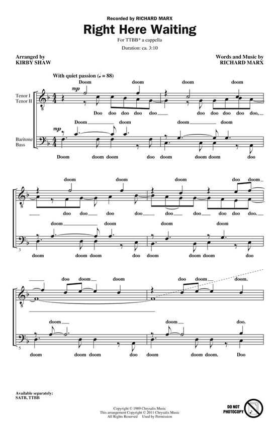 MARX RICHARD RIGHT HERE WAITING (SHAW KIRBY) TTBB A CAPPELLA CHORAL