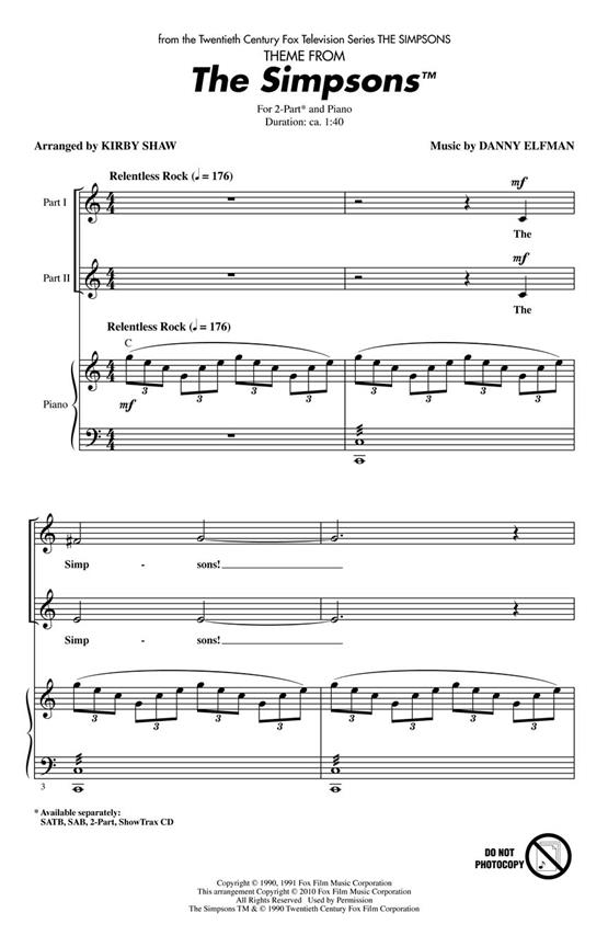 ELFMAN DANNY THE SIMPSONS THEME (SHAW KIRBY) 2 PART CHORAL