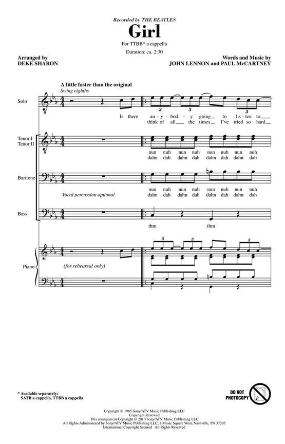 LENNON JOHN/MCCARTNEY PAUL GIRL (ARR SHARON DEKE) TTBB A CAPPELLA CHOR