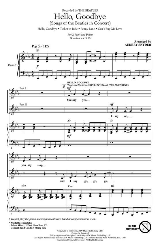 BEATLES HELLO GOODBYE SONGS OF BEATLES IN CONCERT (SNYDER AUDREY) 2PT