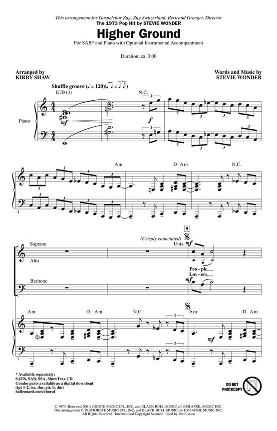 WONDER STEVIE HIGHER GROUND (ARR SHAW KIRBY) SAB CHORAL