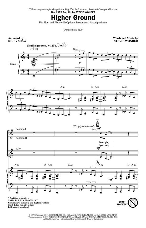 WONDER STEVIE HIGHER GROUND (ARR SHAW KIRBY) SSA CHORAL