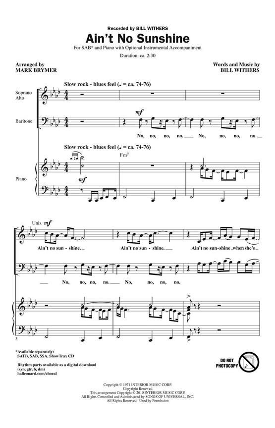 WITHERS BILL AINT NO SUNSHINE (ARR BRYMER MARK) SAB CHOR