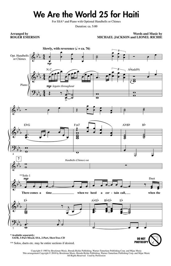 RICHIE/JACKSON WE ARE THE WORLD 25 FOR HAITI (ARR EMERSON) SSA CHORAL