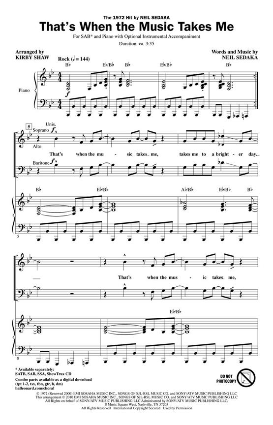 SEDAKA NEIL THATS WHEN THE MUSIC TAKES ME (SHAW KIRBY) SAB CHORAL