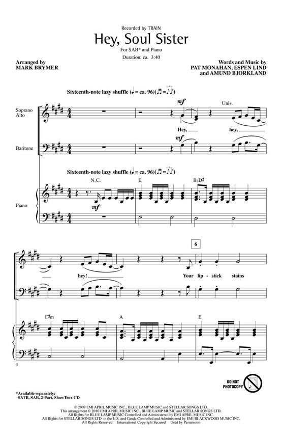 TRAIN HEY SOUL SISTER (ARR BRYMER MARK) SAB CHORAL
