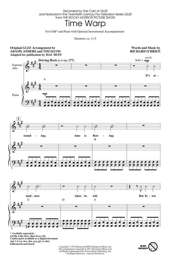 O'BRIEN RICHARD TIME WARP (HUFF/ANDERS/DAVIS) SAB CHORAL