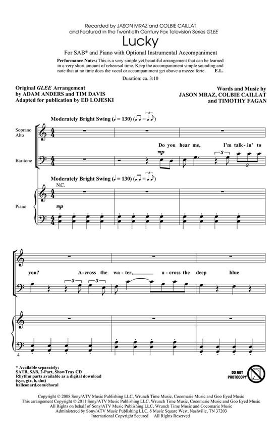 CAILLAT COLBIE/MRAZ JASON LUCKY FROM GLEE (LOJESKI ED) SAB CHORAL