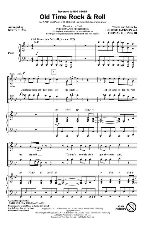 SEGER BOB OLD TIME ROCK & ROLL (SHAW KIRBY) SAB CHORAL