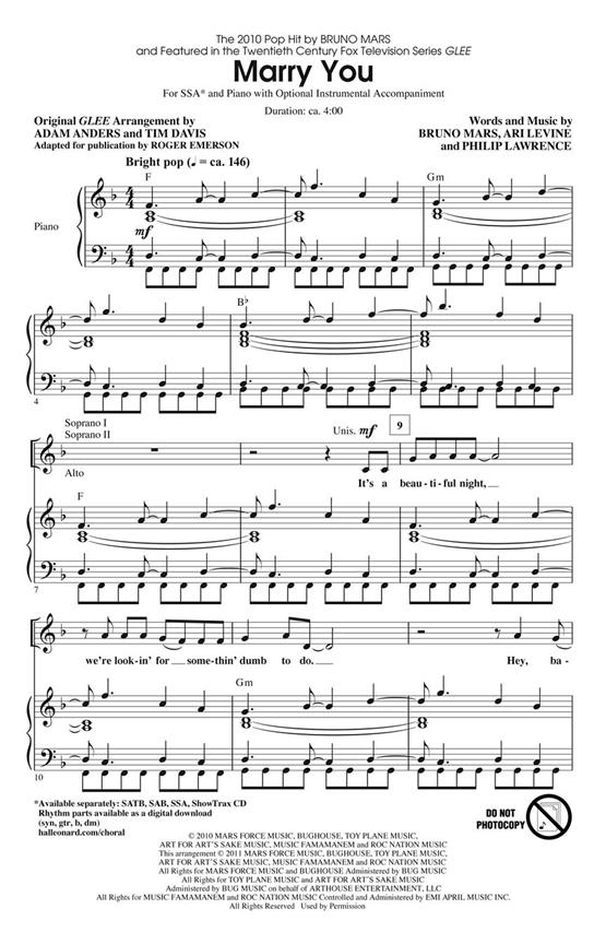 Mars/Lawrence/Levine Marry You (Emerson/Anders/Davis) Ssa Choral
