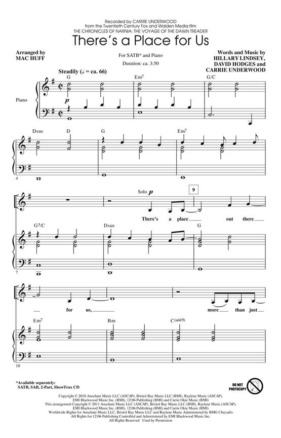 Underwood Carrie There's A Place For Us (Arr Huff Mac) Showtrax Cd