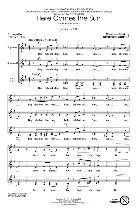 HARRISON GEORGE HERE COMES THE SUN (SHAW KIRBY) SSAA A CAPPELLA CHORAL