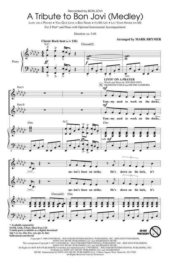 A TRIBUTE TO BON JOVI MEDLEY (BRYMER MARK) 2 PART CHORAL