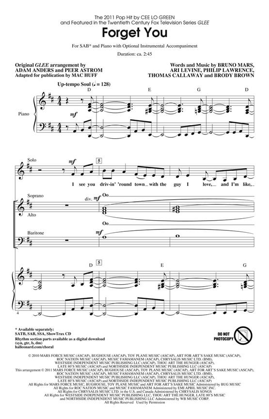 GREEN CEE LO FORGET YOU GLEE (ARR HUFF MAC) SAB CHOR