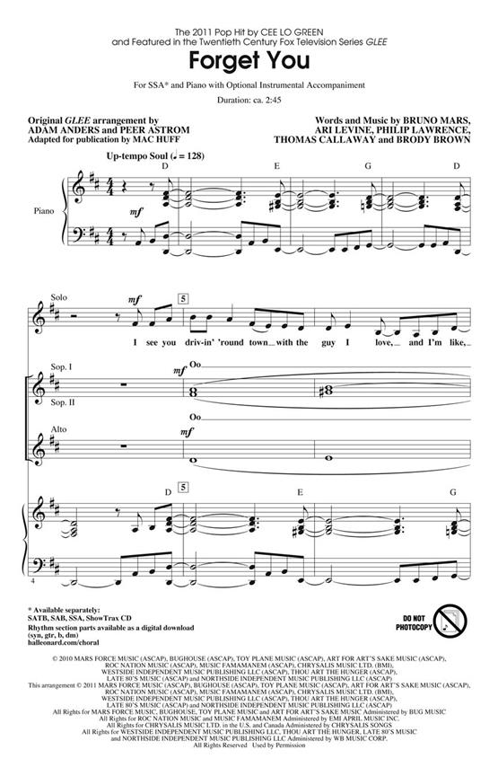 GREEN CEE LO FORGET YOU GLEE (ED HUFF MAC) SSA CHORAL