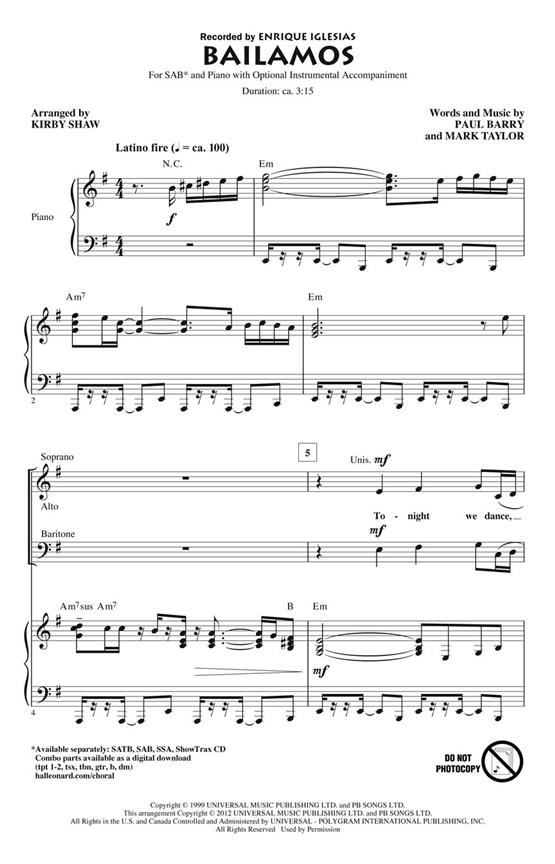 BARRY PAUL/TAYLOR MARK BAILAMOS (ARR SHAW KIRBY) SAB CHORAL