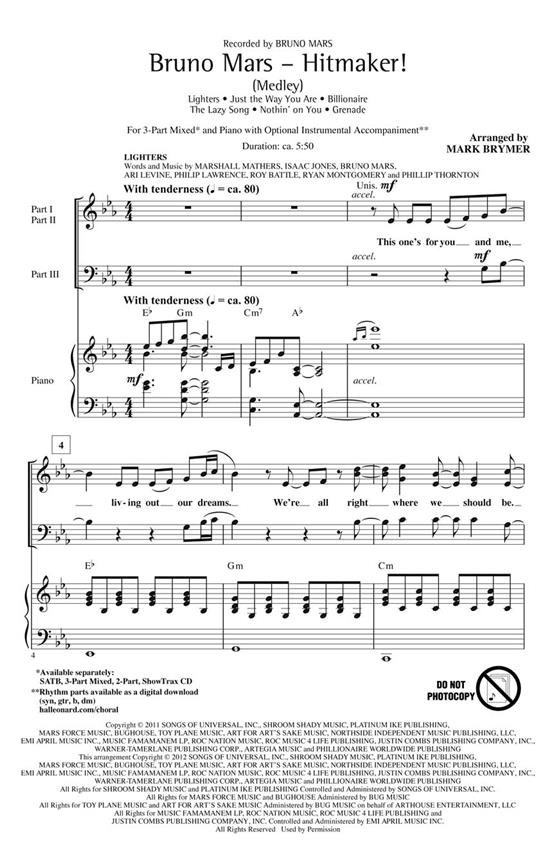 MARS BRUNO HITMAKER! MEDLEY (ARR BRYMER MARK) 3PT MIXED CHOR
