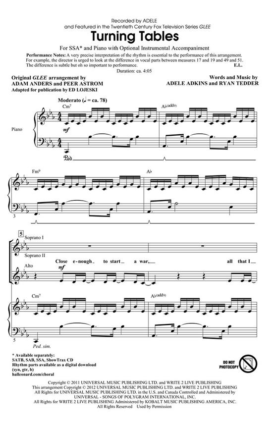 ADKINS ADELE/TEDDER RYAN TURNING TABLES (ARR LOJESKI ED) SSA CHORAL
