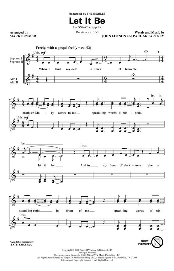 THE BEATLES LET IT BE (ARR BRYMER MARK) SSAA A CAPPELLA CHORAL