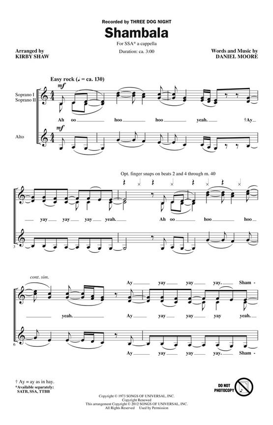 THREE DOG NIGHT SHAMBALA (ARR SHAW KIRBY) SSA A CAPPELLA CHORAL