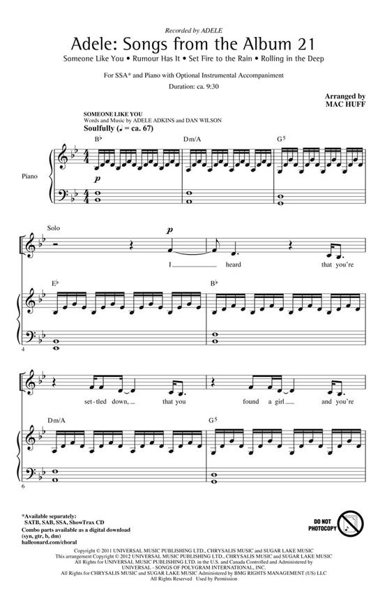 ATKINS ADELE SONGS FROM THE ALBUM 21 (ARR HUFF MAC) SSA CHORAL