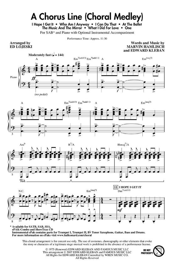 Kleban/Hamlisch A Chorus Line Choral Medley (Lojeski Ed) Sab Choral