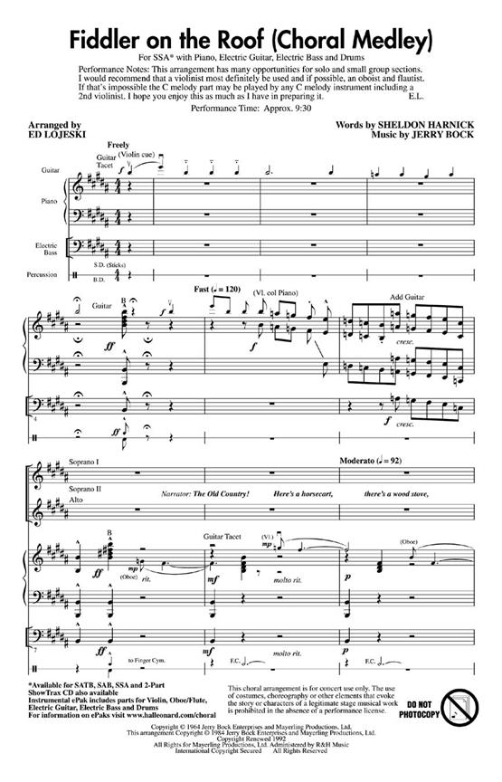 FIDDLER ON THE ROOF CHORAL MEDLEY (ARR ED LOJESKI) SSA CHOR SHEET