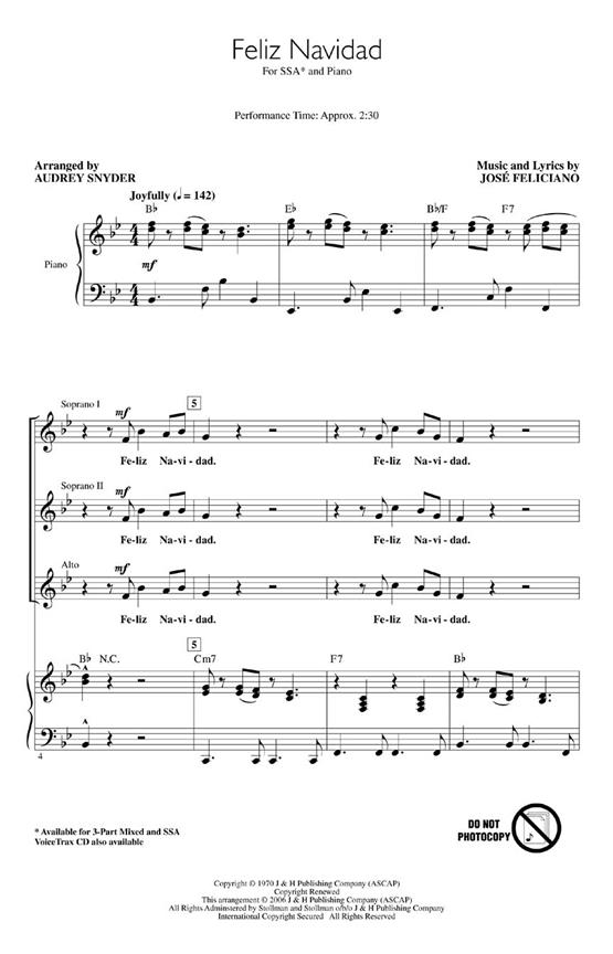 FELICIANO JOSE FELIZ NAVIDAD (ARR SNYDER AUDREY) SSA CHORAL