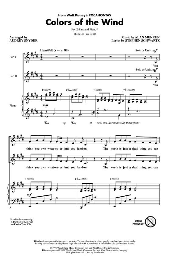 ALAN MENKEN & STEPHEN SCHWARTZ COLORS OF THE WIND (ARR SNYDER) 2PT